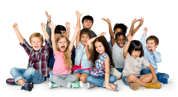 PSD cheerful children having a great time together with their hands raised