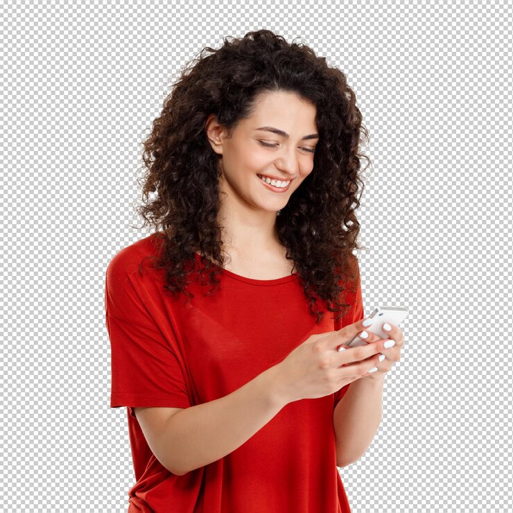 PSD cheerful curly girl chatting on her phone