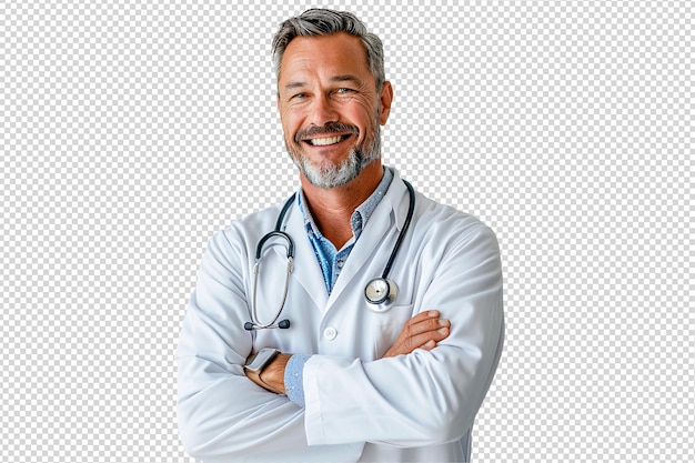 PSD cheerful doctor with tablet and pen