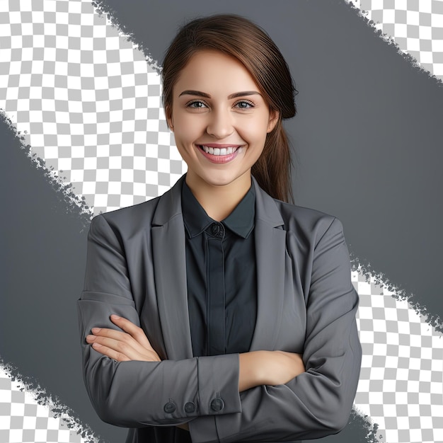 Cheerful girl agent with folded arms isolated on transparent background with copy space