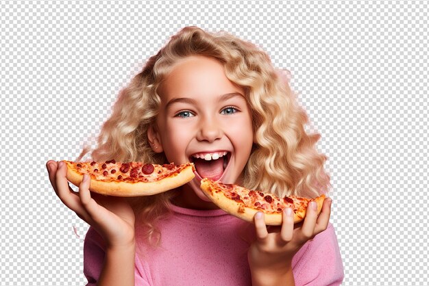 PSD cheerful girl with pizza in her hand isolated on a transparent background