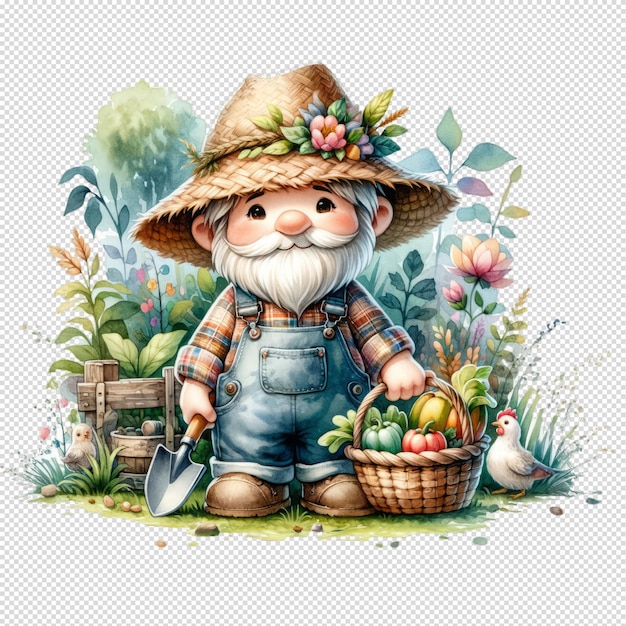 Cheerful gnome gardener in watercolor style