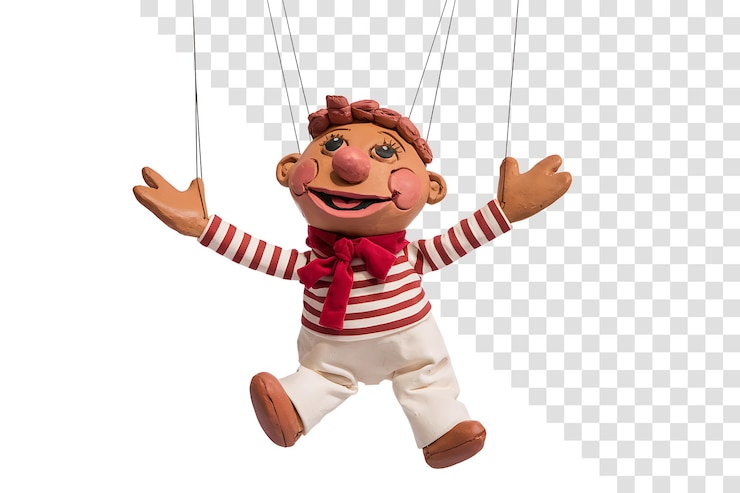 PSD cheerful handcrafted puppet marionette on white background
