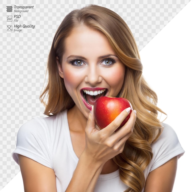 PSD a cheerful lady enjoys a fresh apple capturing a moment of healthy snacking