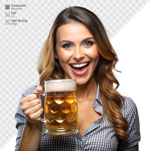 PSD cheerful lady toasting with a mug of beer