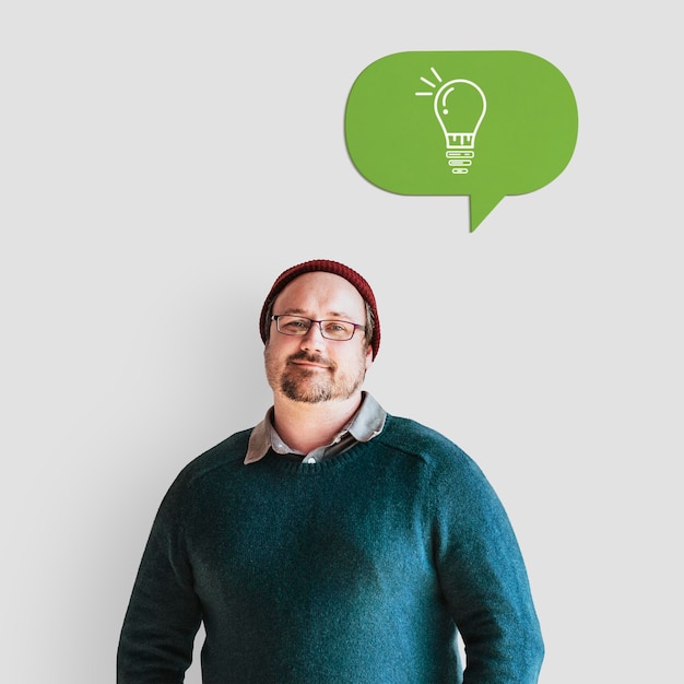 PSD cheerful man with a green speech bubble