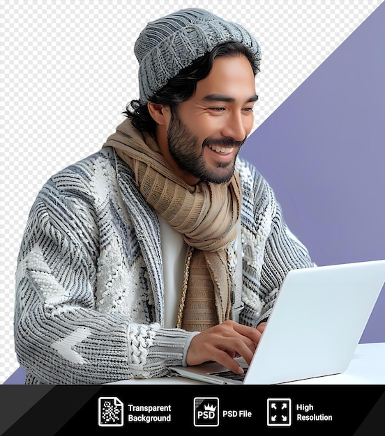 PSD cheerful man working on his notebook computer at a transparent background with a purple wall in the background he wears a brown scarf and has a black beard black hair and a large nose png