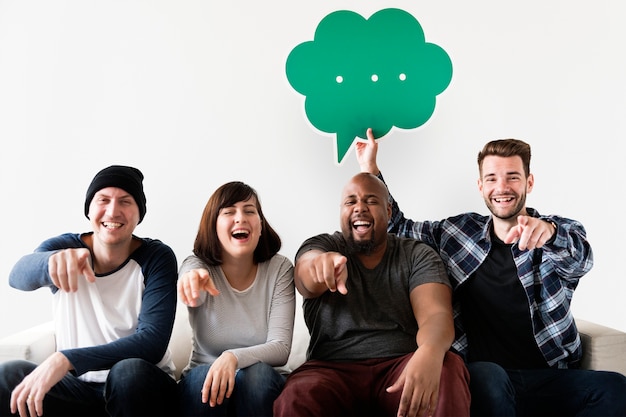 PSD cheerful people holding speech bubble icon