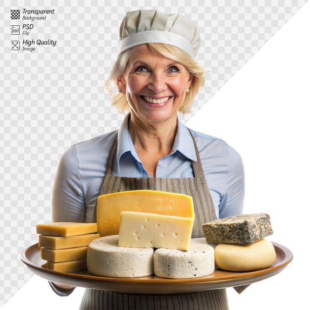 PSD cheerful senior cheese maker presenting assorted cheeses