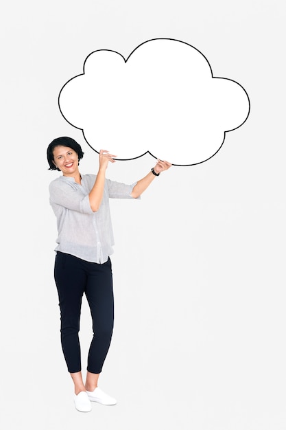 PSD cheerful woman showing a blank white cloud