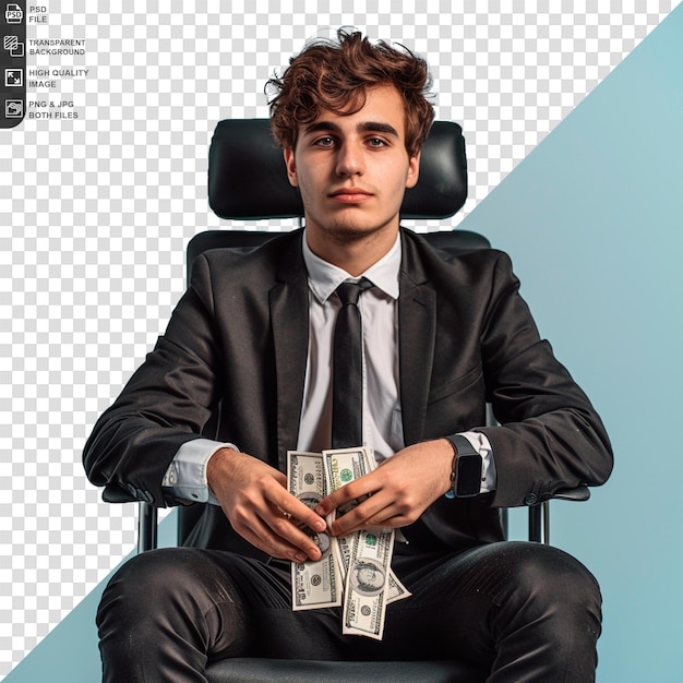 PSD cheerful young businessman with dollars money isolated