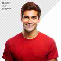 PSD cheerful young man smiling in red shirt against white background