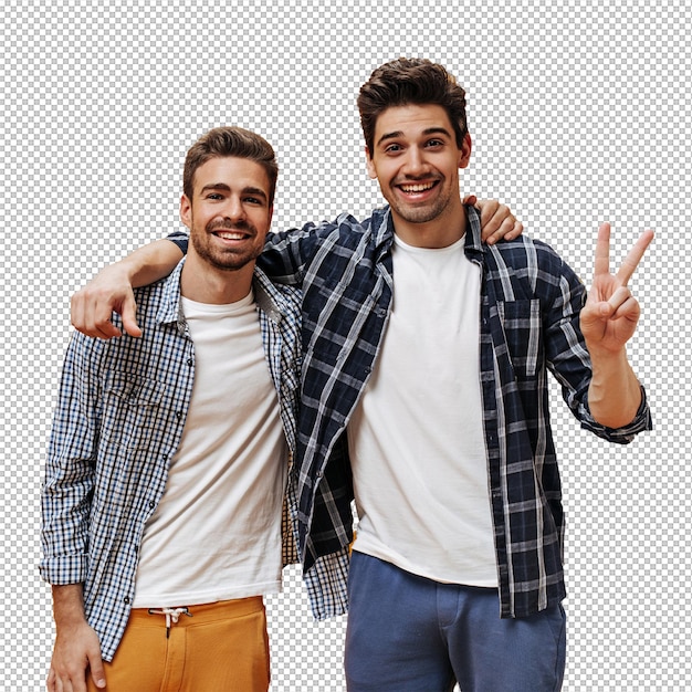 Cheerful young men in plaid blue shirts white tshirts and colorful pants pose on orange wall in great mood and smile