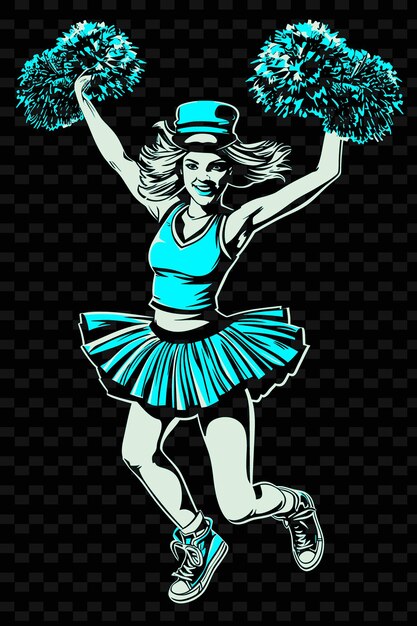 PSD cheerleader performing stunt with uniform and pom poms with illustration flat 2d sport background