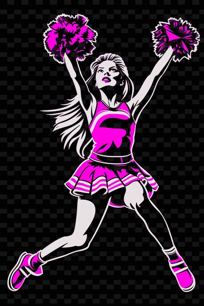 PSD cheerleader che esegue una acrobazia con uniforme e pom poms con illustrazione flat 2d sport background