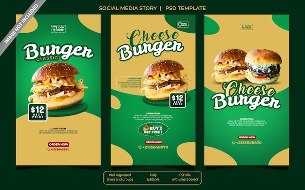 Modello psd social media hamburger al formaggio con colore verde e giallo