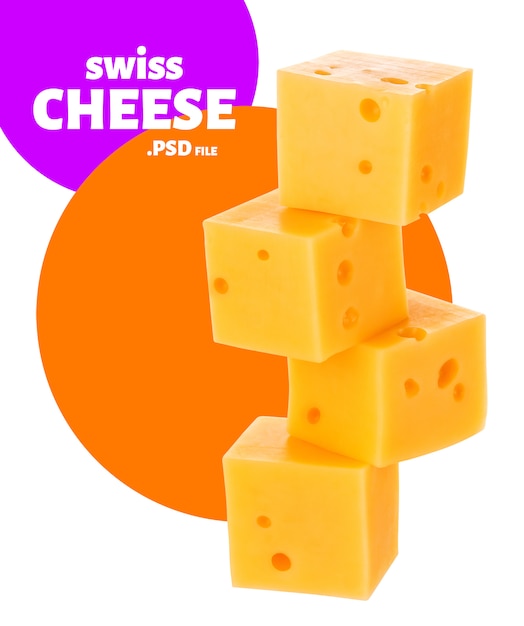 チーズ、白で隔離されるスイスのエメンタールのキューブ