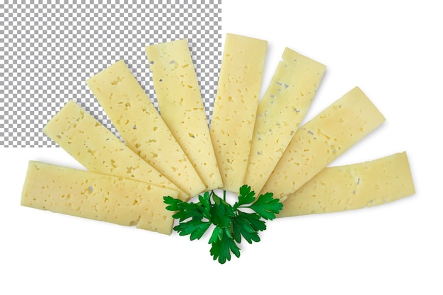 PSD il formaggio tagliato in fette sottili sparsi come un ventaglio foglie di prezzemolo fresche al centro isolate su