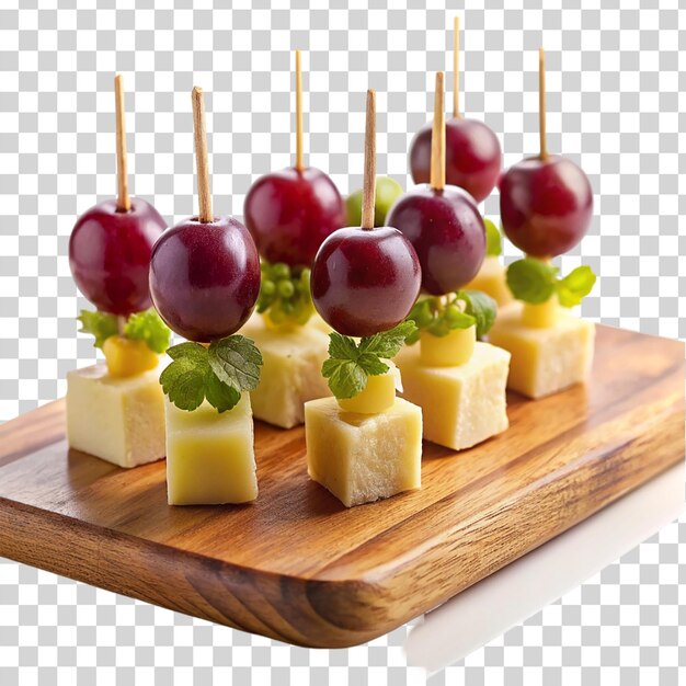 PSD cheese and grape skewer on wooden cutting board on transparent background