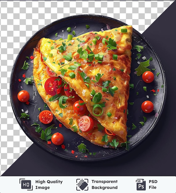 PSD cheese omelette topped with tomatoes and green leaves on a black plate