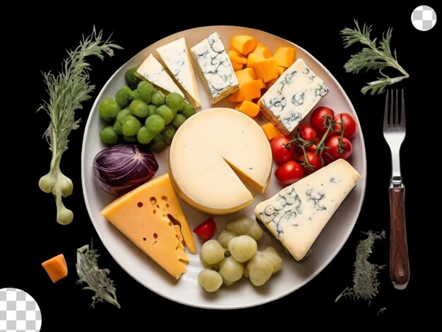 PSD cheese vegetable plate top vies png transparent