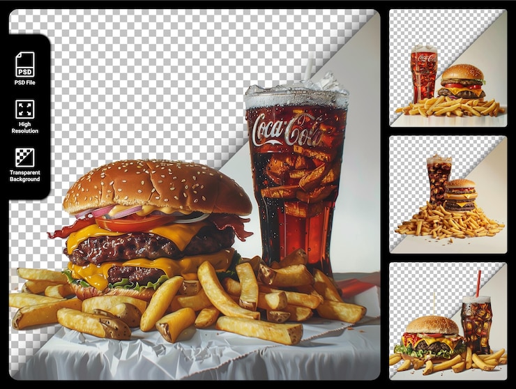 PSD cheeseburger z frytkami i colą izolowany na przezroczystym tle