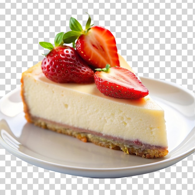 透明な背景に隔離された白いプレートにイチゴとチーズケーキのスライス