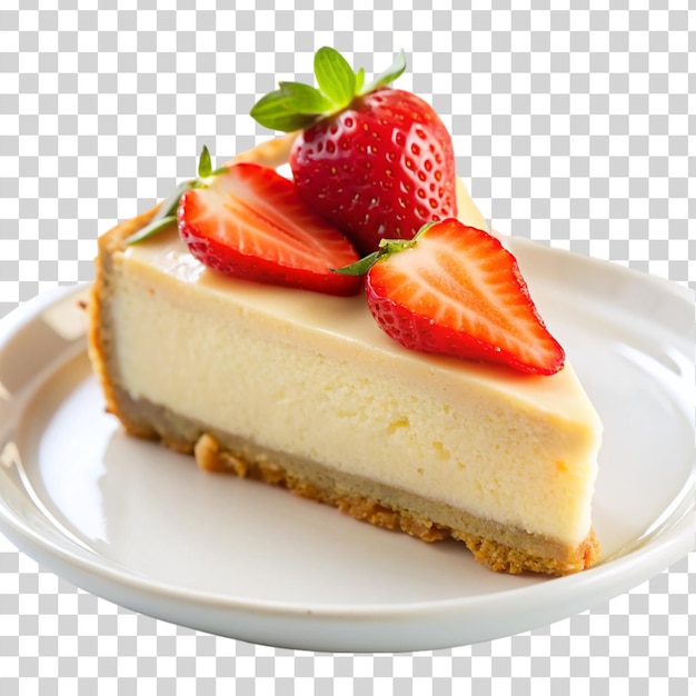 透明な背景に隔離された白いプレートにイチゴとチーズケーキのスライス