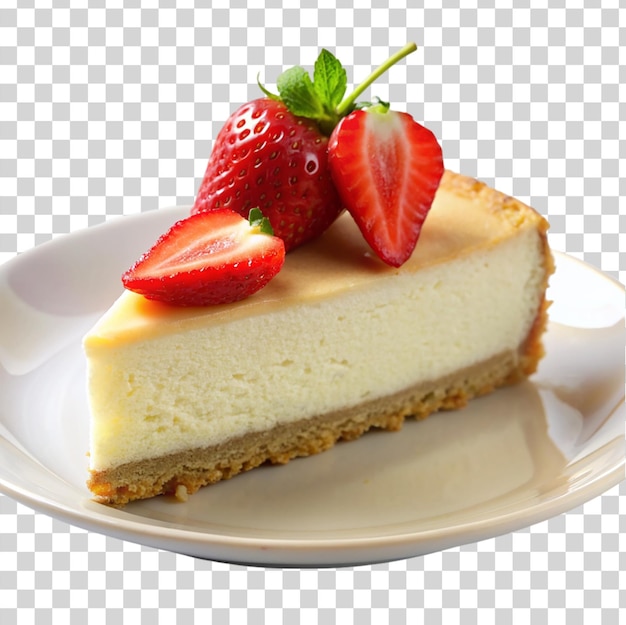透明な背景に隔離された白いプレートにイチゴとチーズケーキのスライス