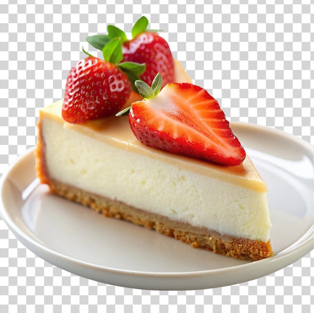 透明な背景に隔離された白いプレートにイチゴとチーズケーキのスライス