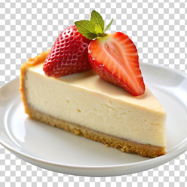 透明な背景に隔離された白いプレートにイチゴとチーズケーキのスライス