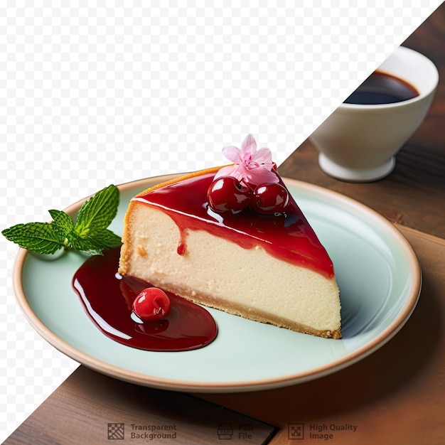 PSD cheesecake with cherry sauce on a plate outdoors at a caf