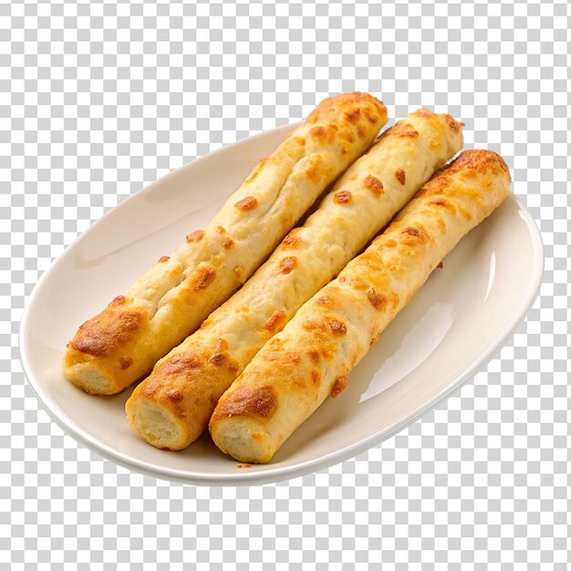 Cheesy breadsticks on white plate isolated on transparent background