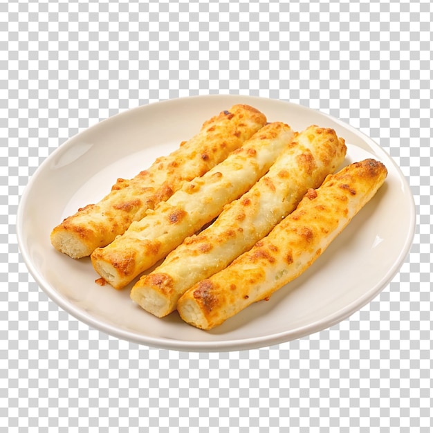 PSD cheesy breadsticks on white plate isolated on transparent background