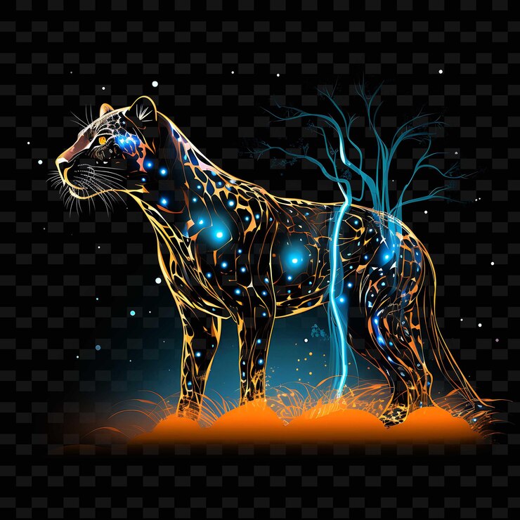 PSD cheetah golden sunset flowing neon lines acacia trees spots png y2k shapes transparent light arts