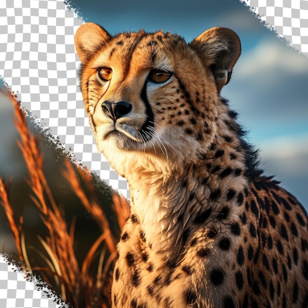 PSD cheetah portret in zijn natuurlijke omgeving transparante achtergrond