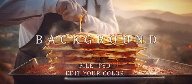 PSD chef cooking lasagna outdoor background