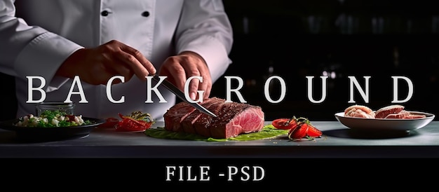 PSD chef che finisce di decorare la bistecca di carne cotta sul tavolo