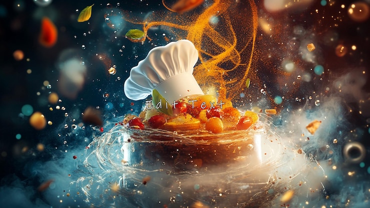 PSD chef hat atop vibrant fruit dessert with dynamic splash