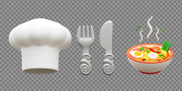 chef hat fork knife and bowl of ramen on a transparent checkered background