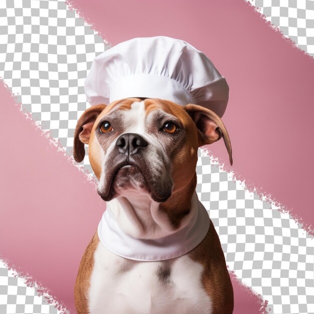 PSD chef hat wearing dog gazes rightward alone against transparent background