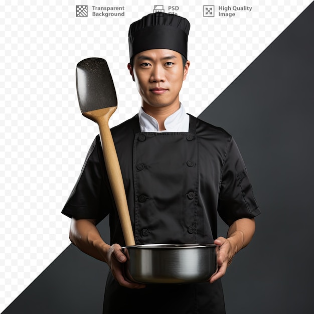 A chef holds a pan with a large spatula in his hand.