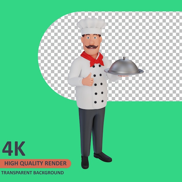 PSD lo chef sta portando un piatto d'argento e dando un pollice in alto rendering 3d della modellazione del personaggio