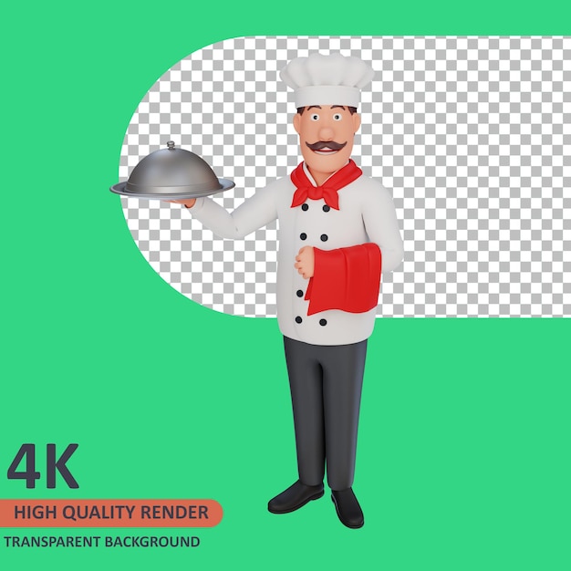 Повар несет серебряную тарелку и мочалку. 3D визуализация моделирования персонажей.