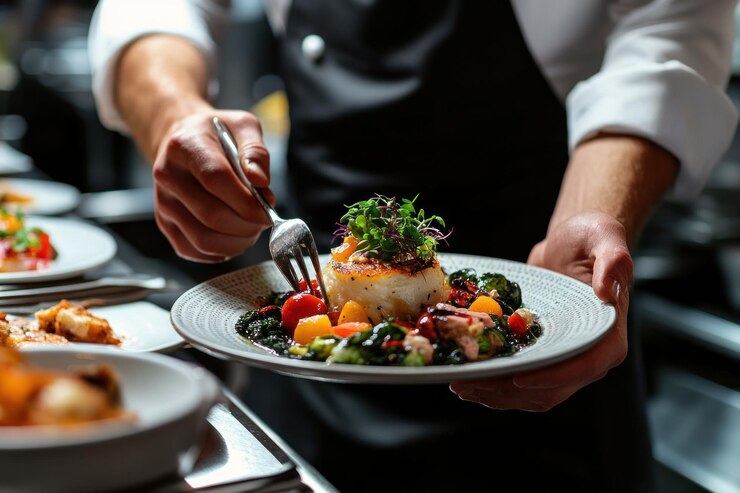 PSD chef-kok serveert een gourmet schotel met zeevruchten en groenten.