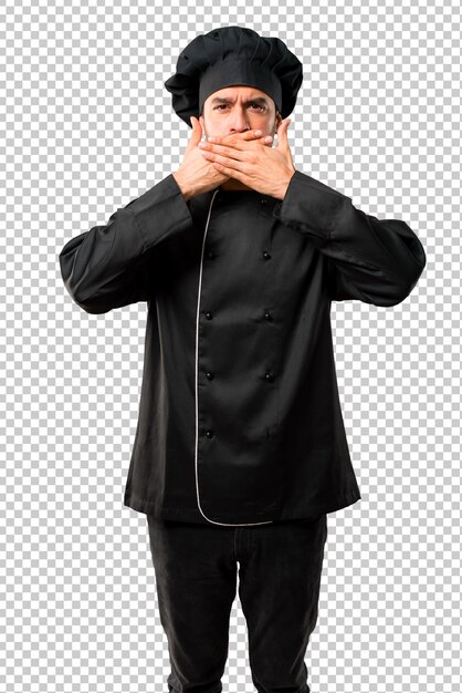 PSD chef man in black uniform covering mouth with hands for saying something inappropriate