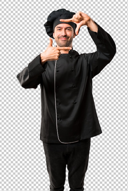 PSD chef man in black uniform focusing face. framing symbol