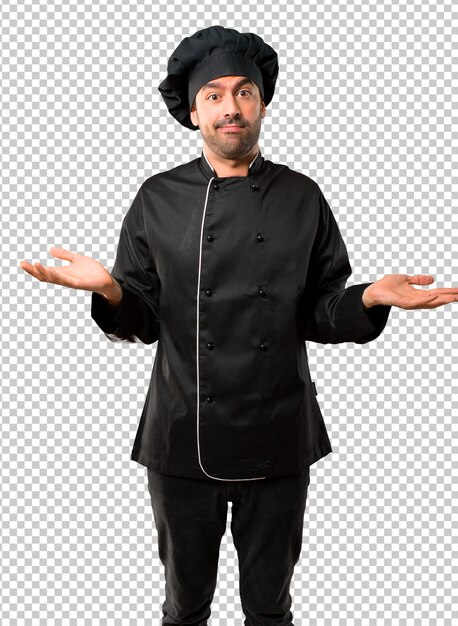 Chef man In black uniform having doubts and with confuse face expression 