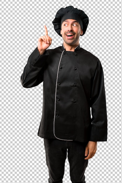 PSD chef man in black uniform intending to realizes the solution while lifting a finger up