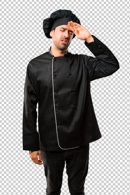 PSD chef man in black uniform with tired and sick expression